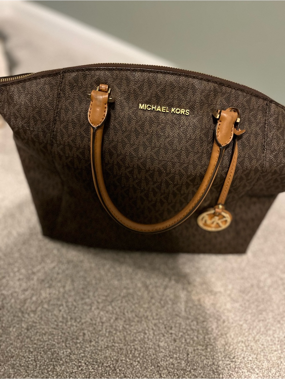 Michael Kors Brown and Tan Logo Satchel with Gold Hardware